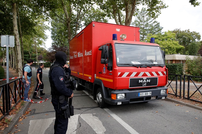 French police secure a street after a Knife attacker killed two persons