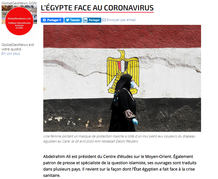 GlobalGeoNews republished Ali’s analysis of fighting Covid-19 in Egypt
